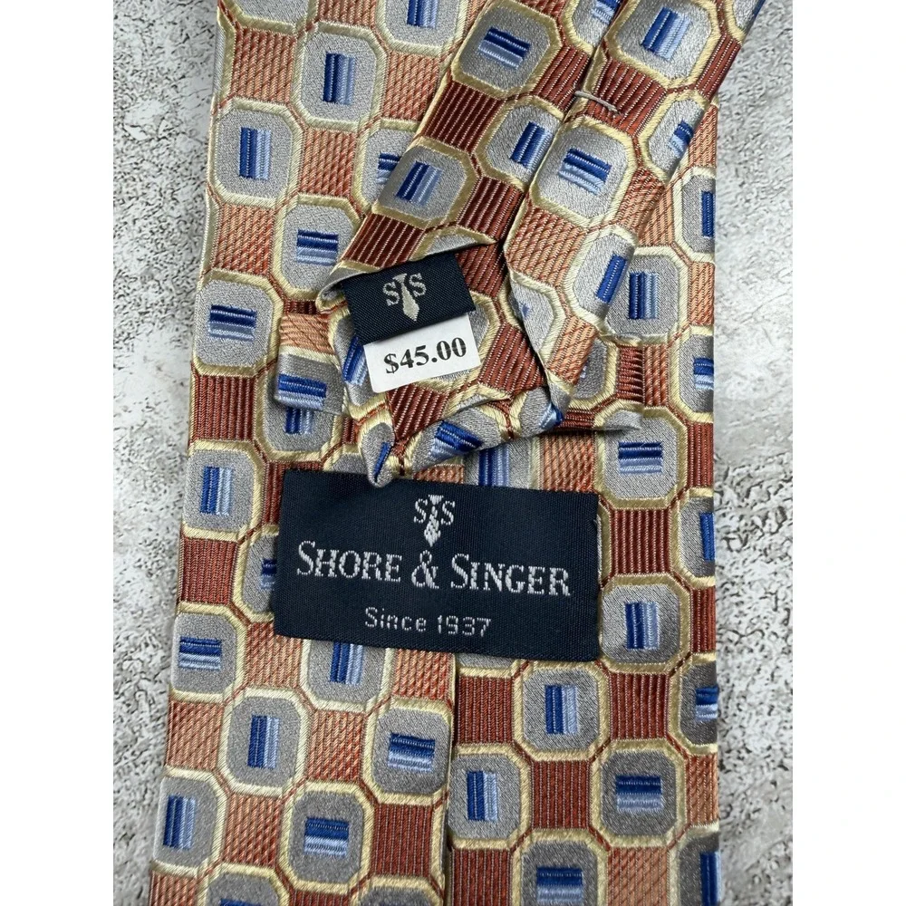 Shore & Singer 100% Silk Tie Mens One Size Bronze Geometric Pointed Necktie